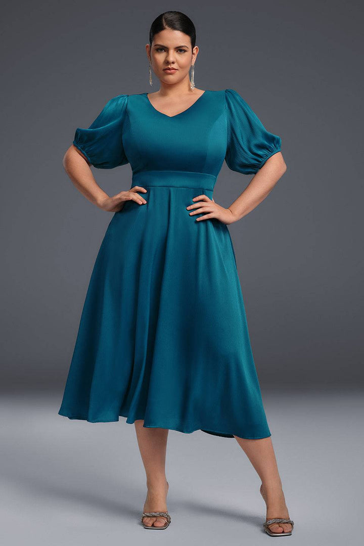 Curveins Plus Size Elegant V-ringad Puffärm Maxiklänning 