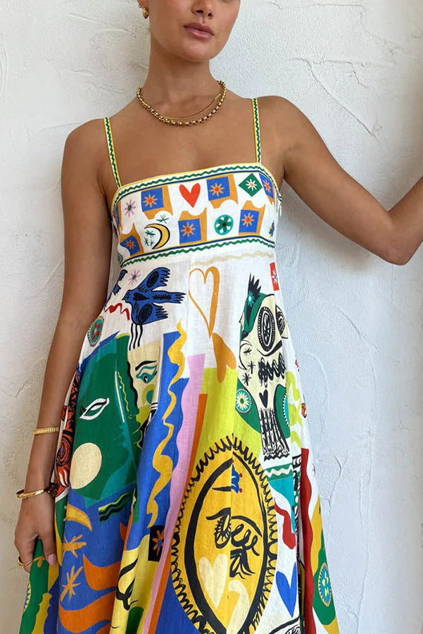Joyful Glow Goddess – Linneblandning – Unikt tryck – Midiklänning med fickor och smock i ryggen