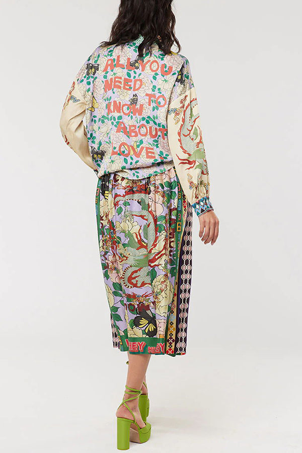 Dragon Season Unique Print Midi-kjol med resår i midjan och fickor