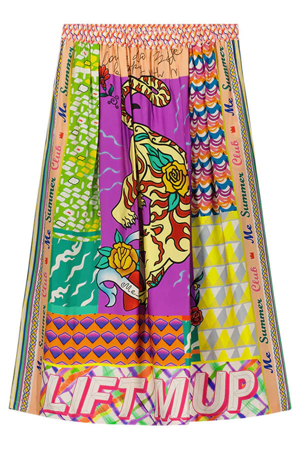 Boho Chic Satin Färgglad Unikt Mönster Elastisk Midja Fickor Midikjol