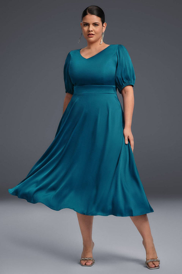 Curveins Plus Size Elegant V-ringad Puffärm Maxiklänning 