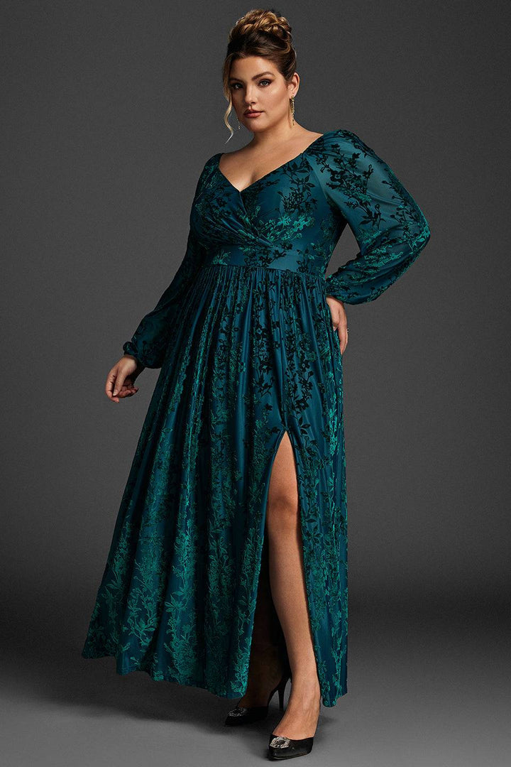 Curveins Plus Size Sammetsklänning med lanternärm och enfärgad maxiklänning 