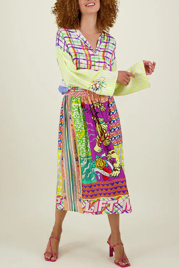 Boho Chic Satin Färgglad Unikt Mönster Elastisk Midja Fickor Midikjol