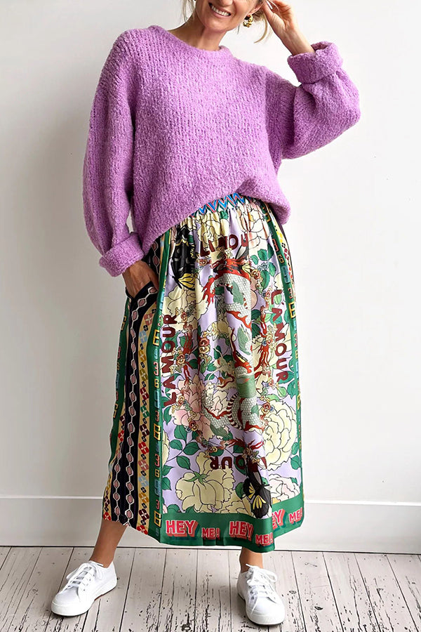 Dragon Season Unique Print Midi-kjol med resår i midjan och fickor