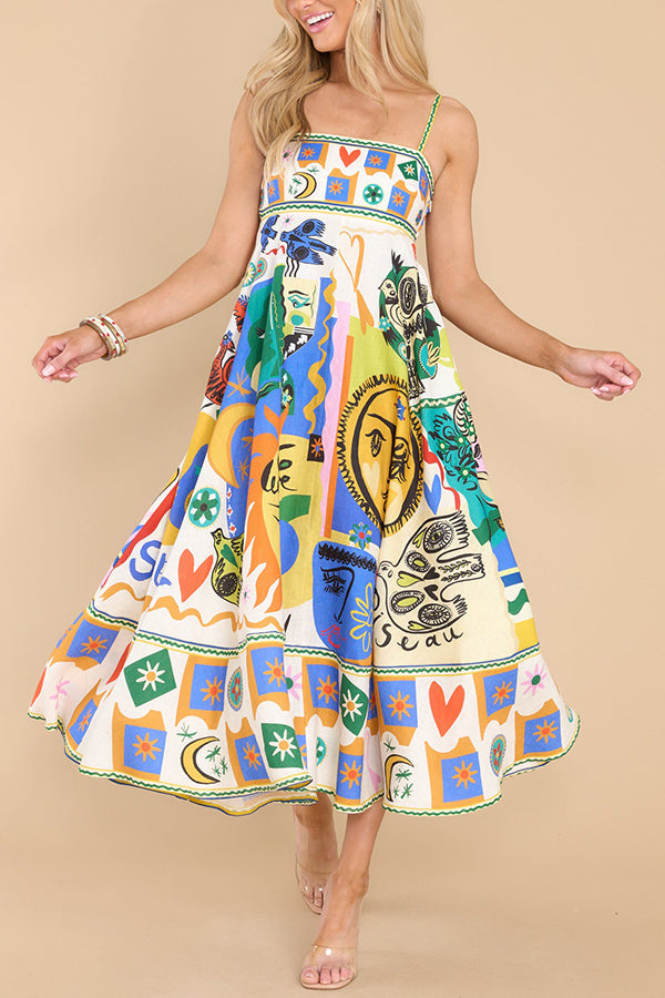 Joyful Glow Goddess – Linneblandning – Unikt tryck – Midiklänning med fickor och smock i ryggen