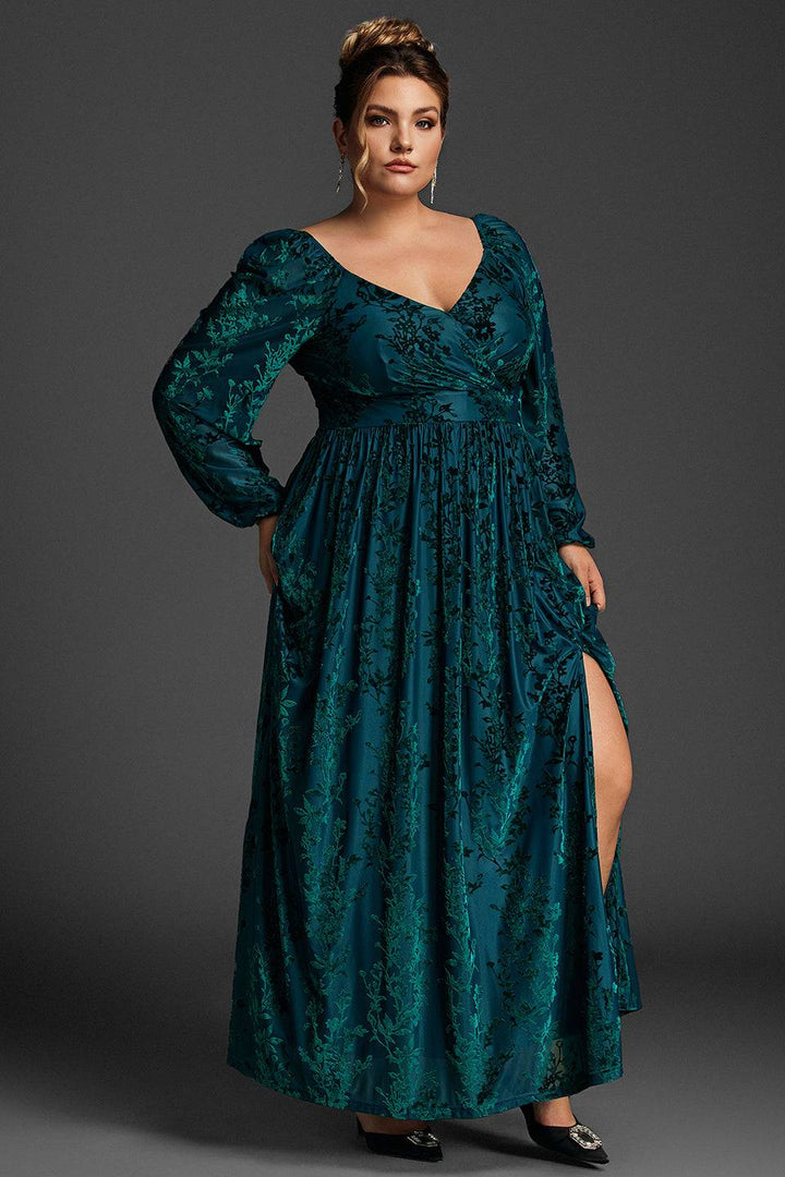 Curveins Plus Size Sammetsklänning med lanternärm och enfärgad maxiklänning 