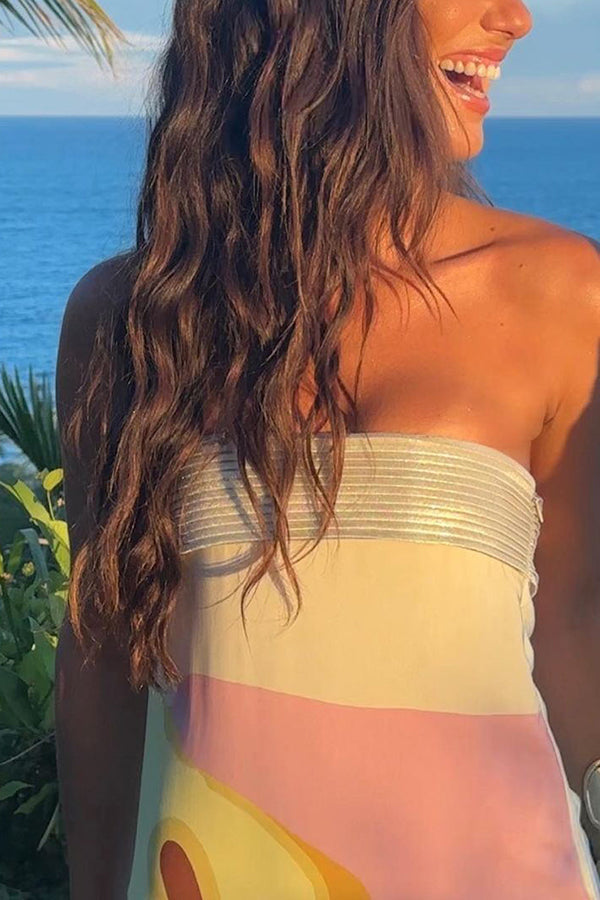 Dalva Calla Lilies Mönstrad Plisserad Metallisk Tyg Patchwork Bandeau Lös Maxiklänning