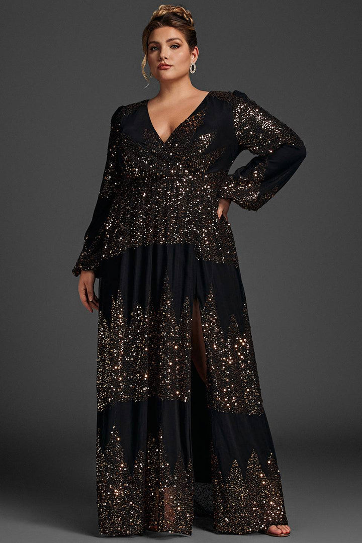 Curveins Plus Size V-ringad maxiklänning med paljettdetalj och slits 