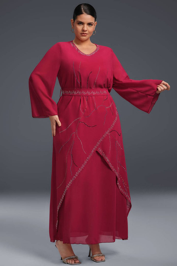 Curveins Plus Size Strass Asymmetrisk Chiffongklänning med Strasskant 