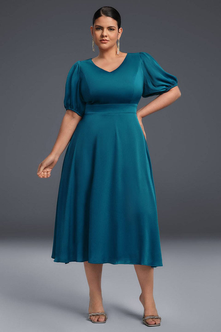 Curveins Plus Size Elegant V-ringad Puffärm Maxiklänning 