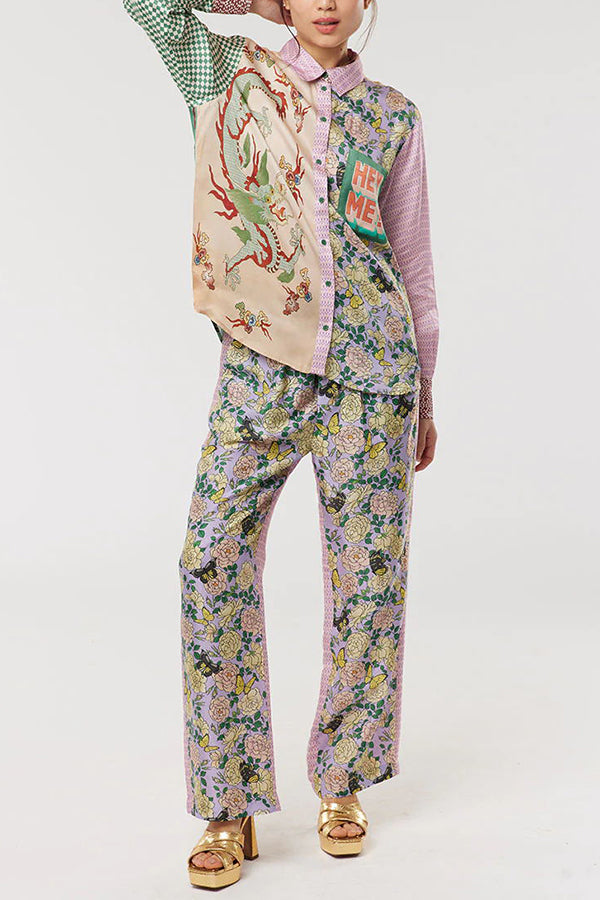 Dragon Season Unique Print Patchwork Pocketed Loose T-shirt