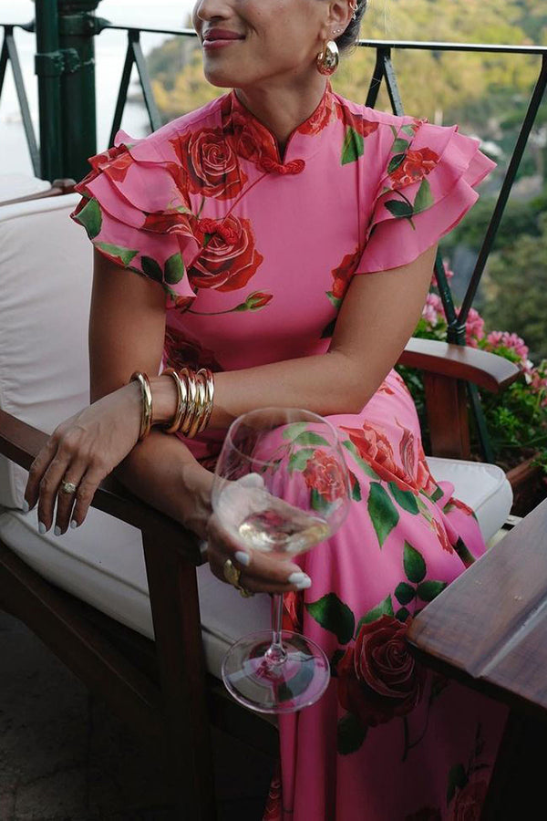 Cheongsam-stil rosblommig klänning med skiktad utsvängd ärm och stretch