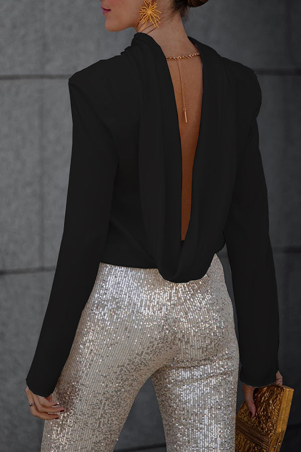 Secret of Elegance Blus med draperad krage och satinrygg