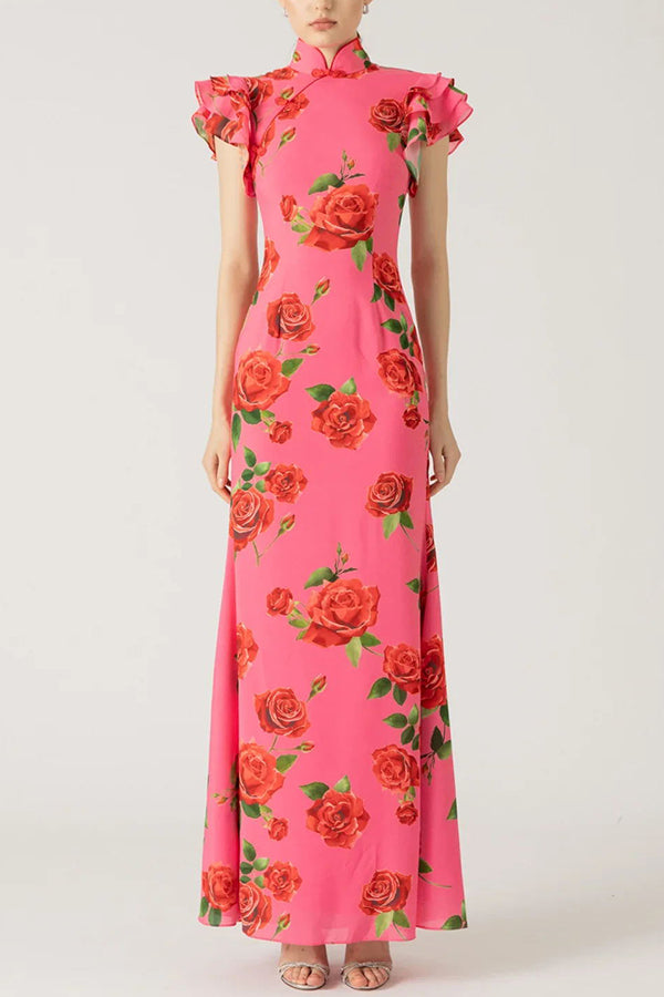 Cheongsam-stil rosblommig klänning med skiktad utsvängd ärm och stretch
