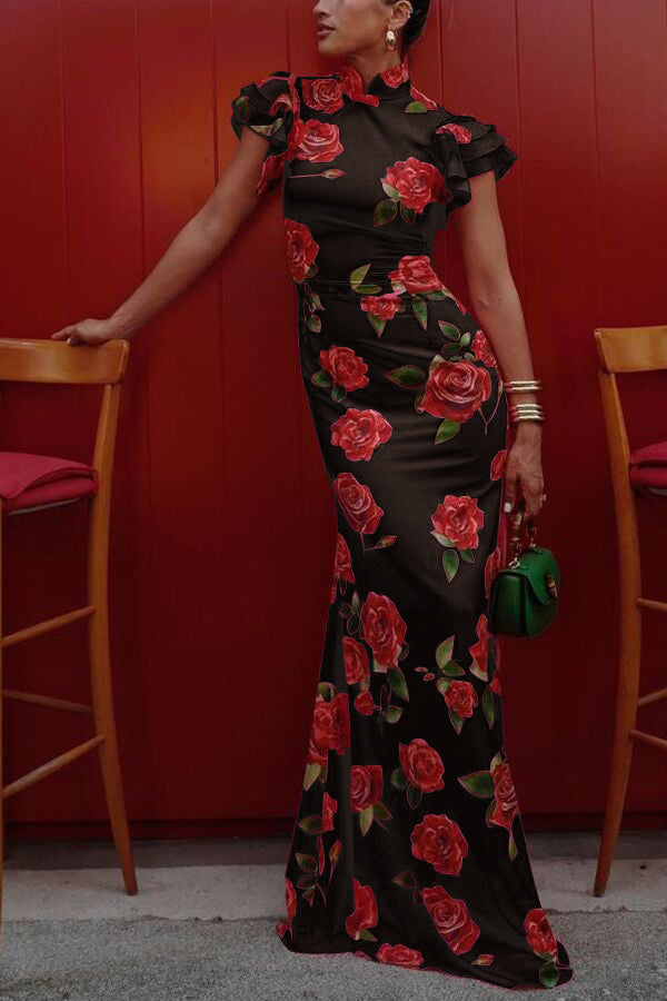 Cheongsam-stil rosblommig klänning med skiktad utsvängd ärm och stretch