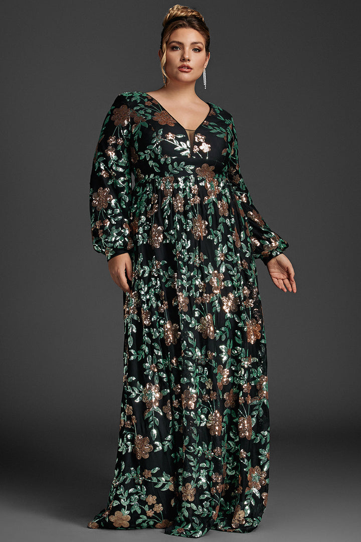 Curveins Plus Size V-ringad paljettklänning med lanternärm 