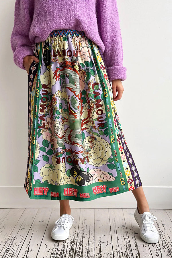 Dragon Season Unique Print Midi-kjol med resår i midjan och fickor