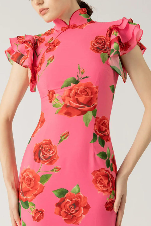 Cheongsam-stil rosblommig klänning med skiktad utsvängd ärm och stretch
