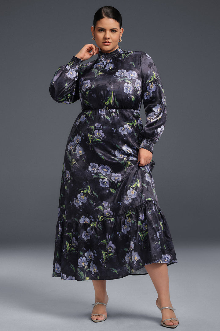 Curveins Plus Size Långärmad Volangklänning med Blommigt Tryck 