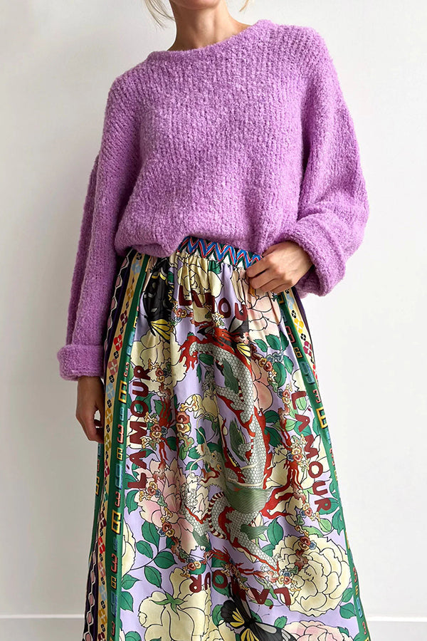 Dragon Season Unique Print Midi-kjol med resår i midjan och fickor