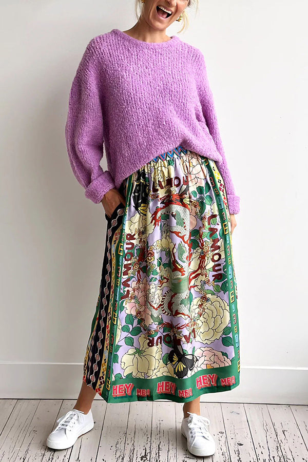 Dragon Season Unique Print Midi-kjol med resår i midjan och fickor