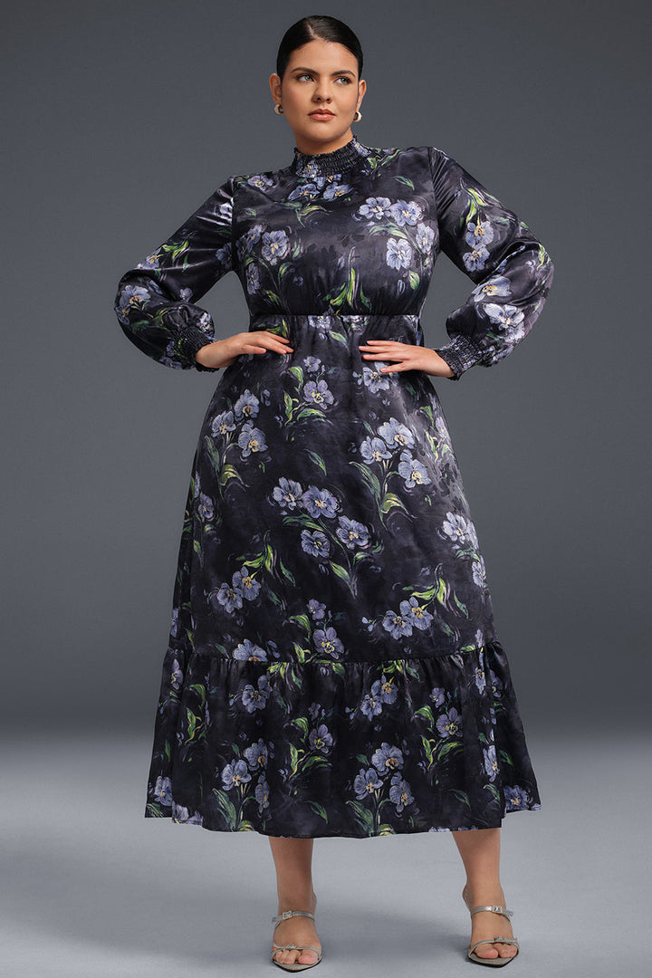 Curveins Plus Size Långärmad Volangklänning med Blommigt Tryck 
