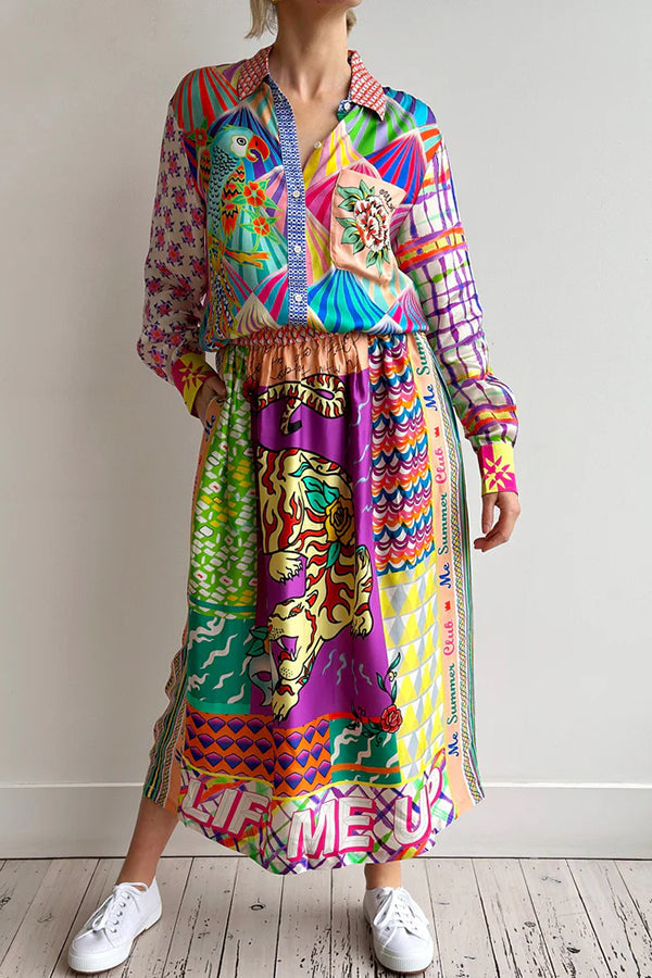 Boho Chic Satin Färgglad Unikt Mönster Elastisk Midja Fickor Midikjol