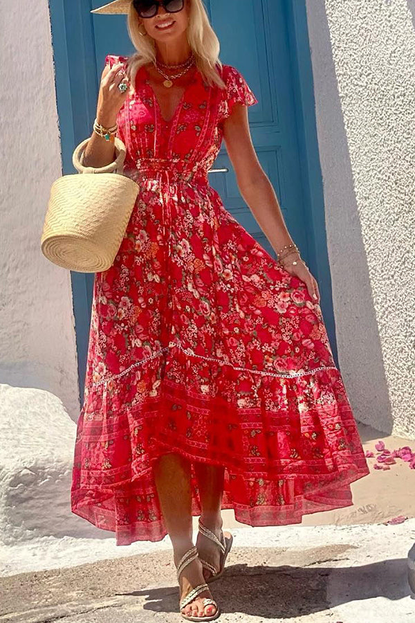 Sommar i Grekland Boho Mönstrad Volangärm Resårmidja Hög-låg Midiklänning