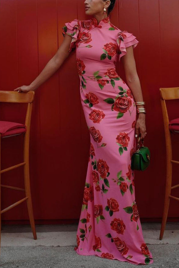 Cheongsam-stil rosblommig klänning med skiktad utsvängd ärm och stretch