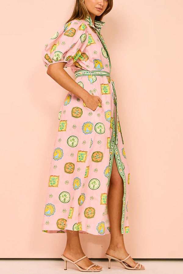 Orla Unique Print Ballongärmar Midiklänning med Bälte och Ficka