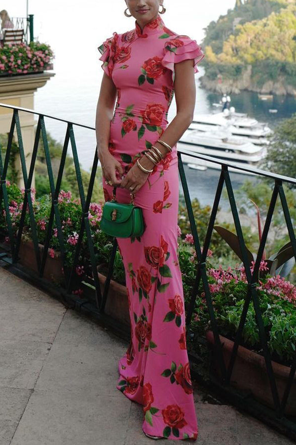 Cheongsam-stil rosblommig klänning med skiktad utsvängd ärm och stretch