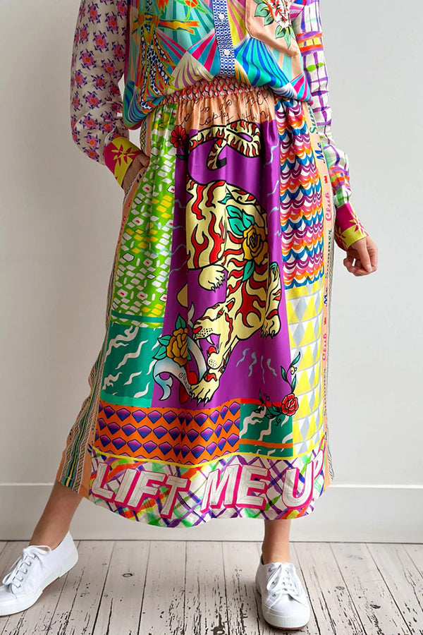 Boho Chic Satin Färgglad Unikt Mönster Elastisk Midja Fickor Midikjol