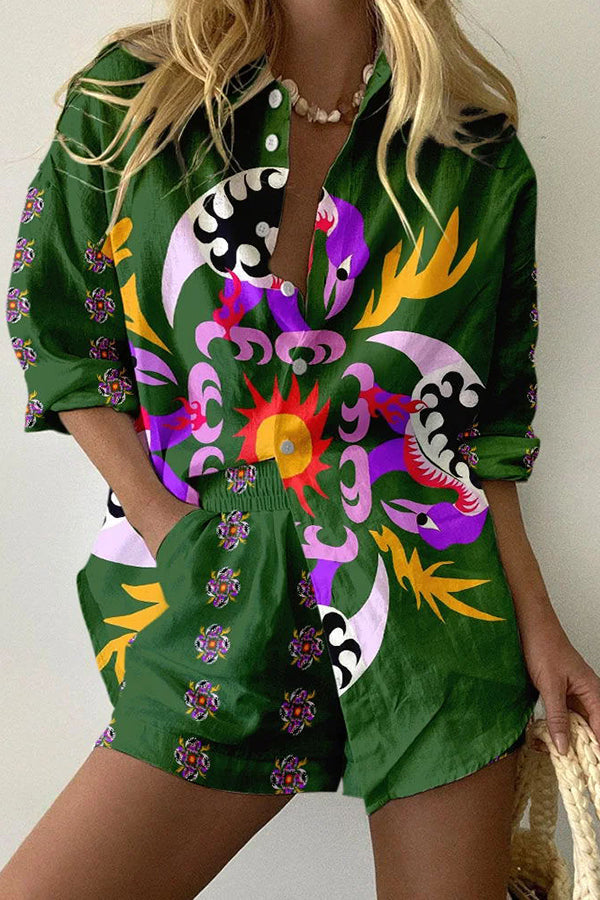 Hot Bird Print Shorts Set med knappfickor och stretch i midjan