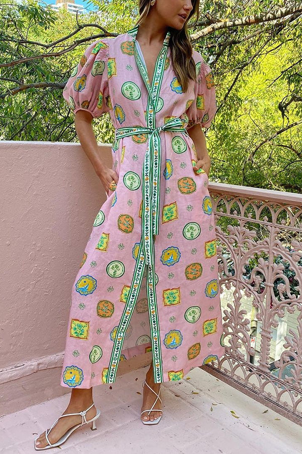 Orla Unique Print Ballongärmar Midiklänning med Bälte och Ficka