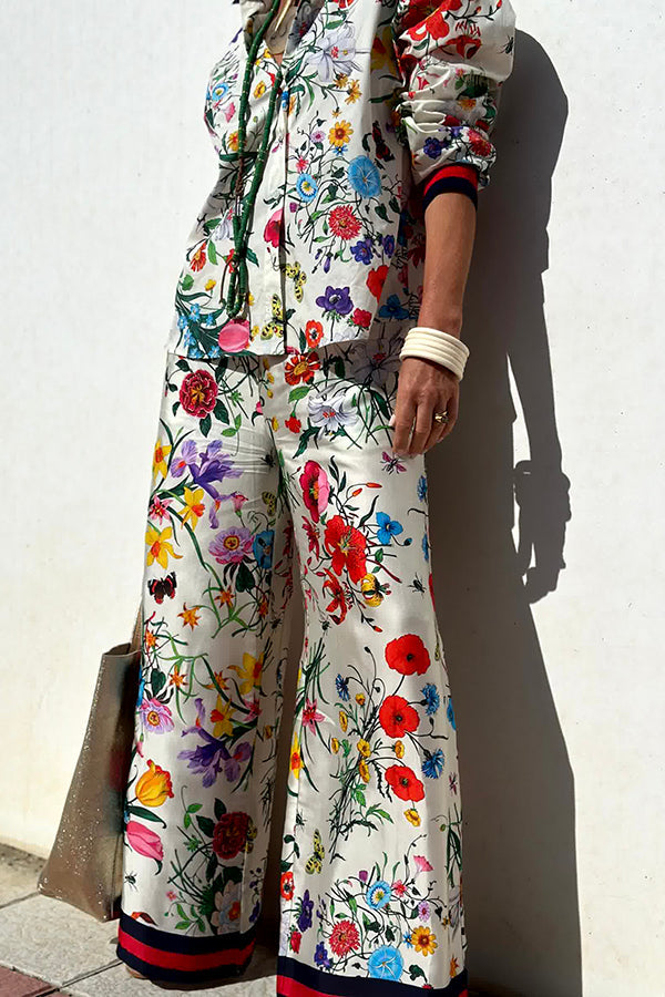 Fabulous Fiesta Satin Blommig Unikt Mönster Elastisk Midja Fickor Vida Benbyxor